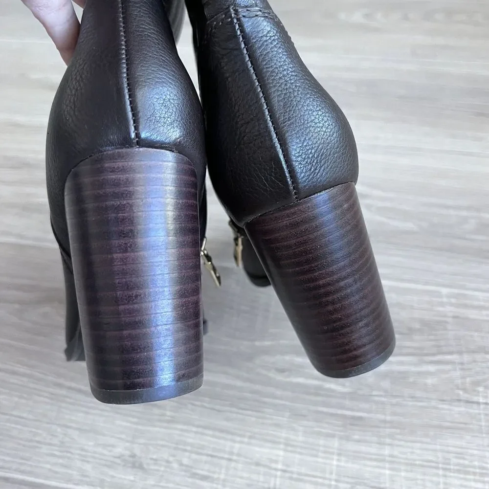 Lucca Lane Kat 7.5 Bootie Brown Metallic Fold Over Ankle Boots $129 Stacked Heel